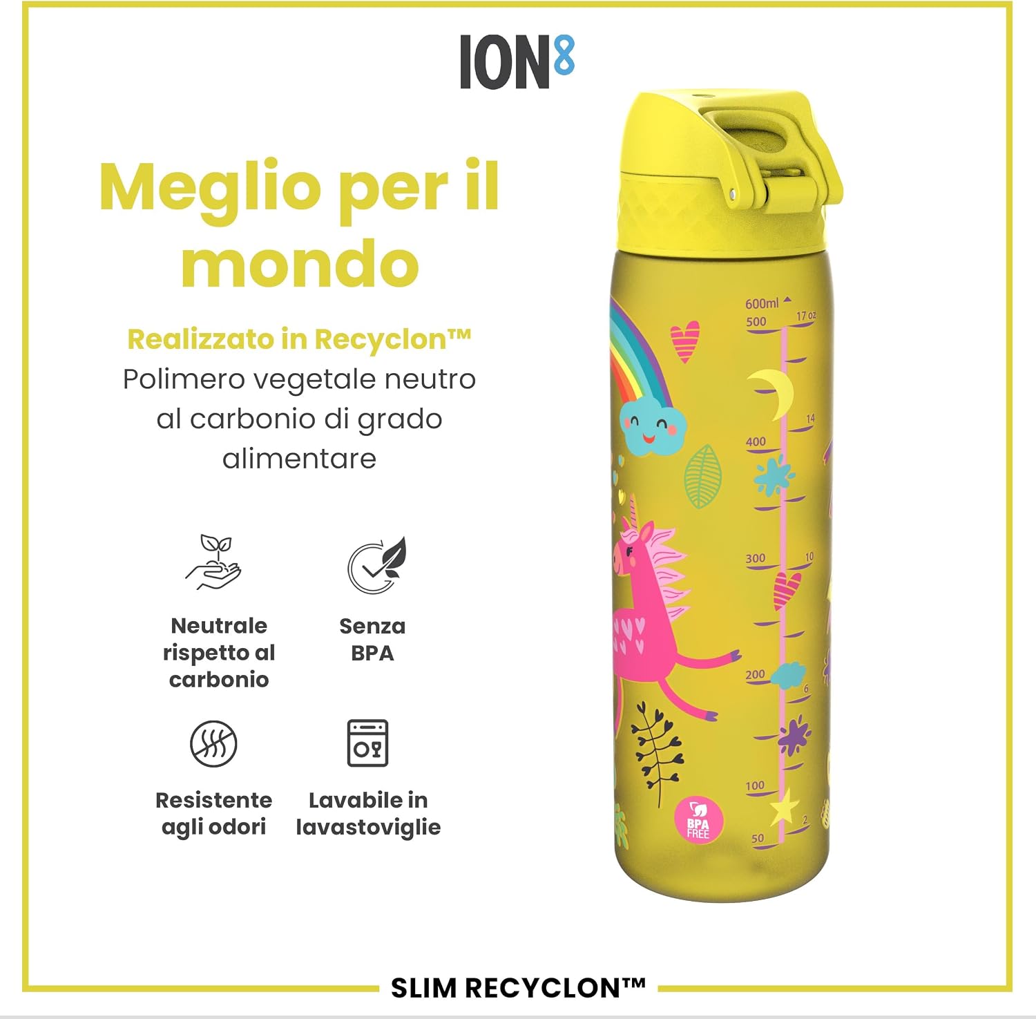 Detalle de Ion8 Borraccia 500 ml a prova di perdite – Unicorni Gialli, facile da aprire, lavabile in lavastoviglie e senza BPA