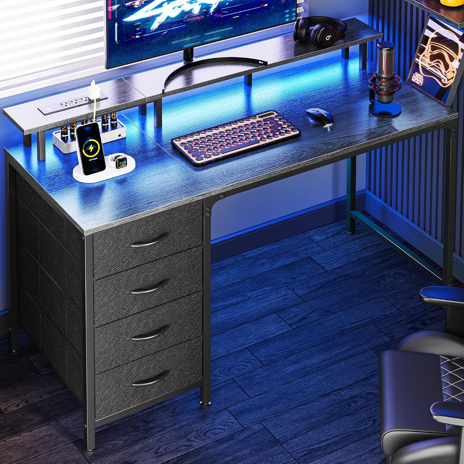 Detalle de Huuger 47 Inch Computer Desk with Power Outlets and LED Lights (4 Drawers, Monitor Stand)