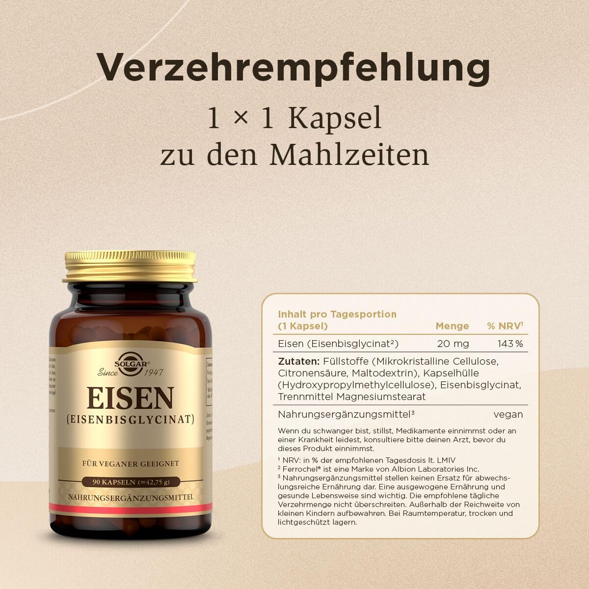 Thumbnail 4 de SOLGAR Eisen | 20 mg Eisenbisglycinat mit Tagesportion, magenfreundlich | 90 vegane Kapseln