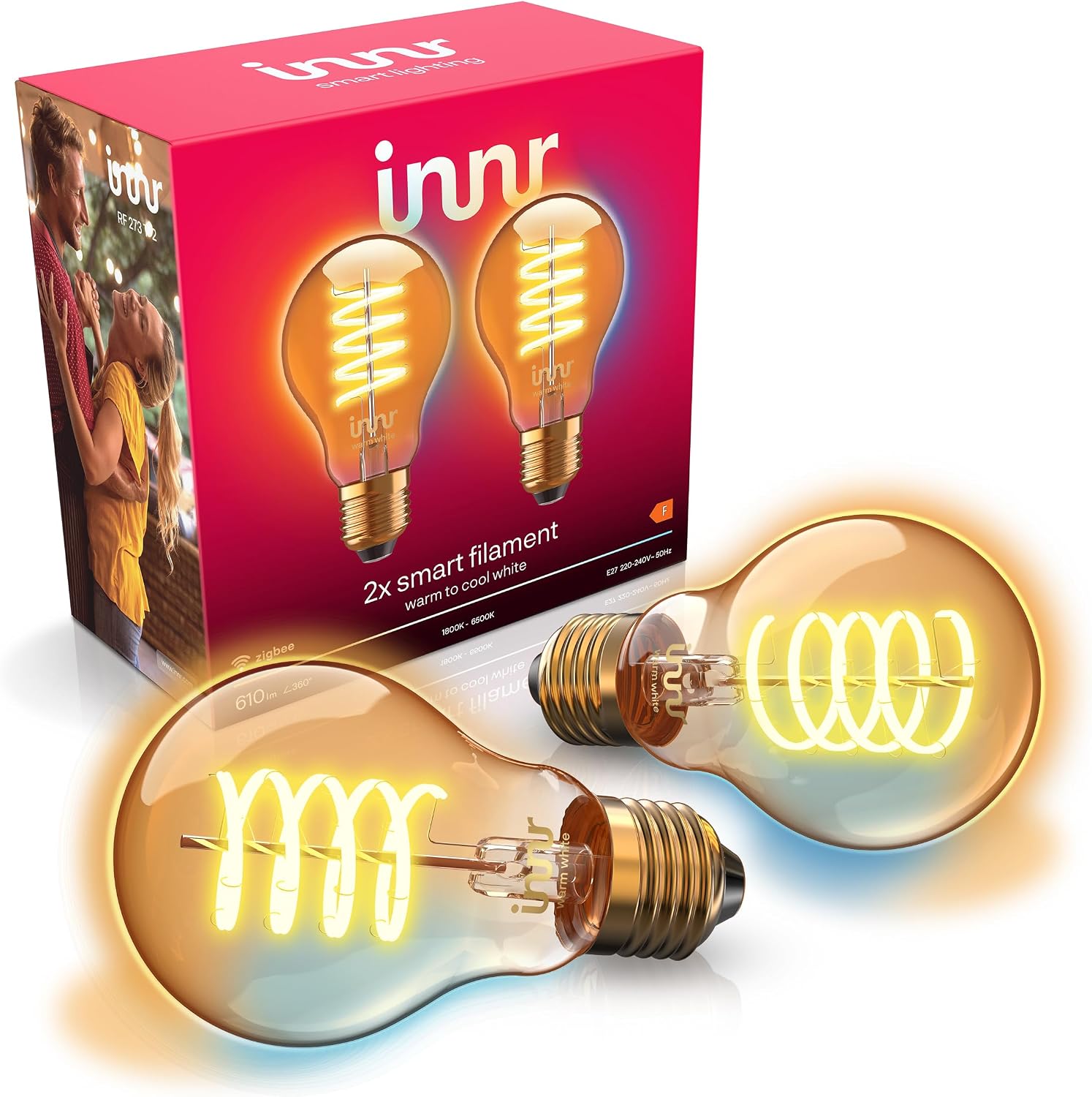 Detalle de innr RF 273 T-2 slimme E27-filamentlamp, 1800K–6500K, 610 lumen, set van 2