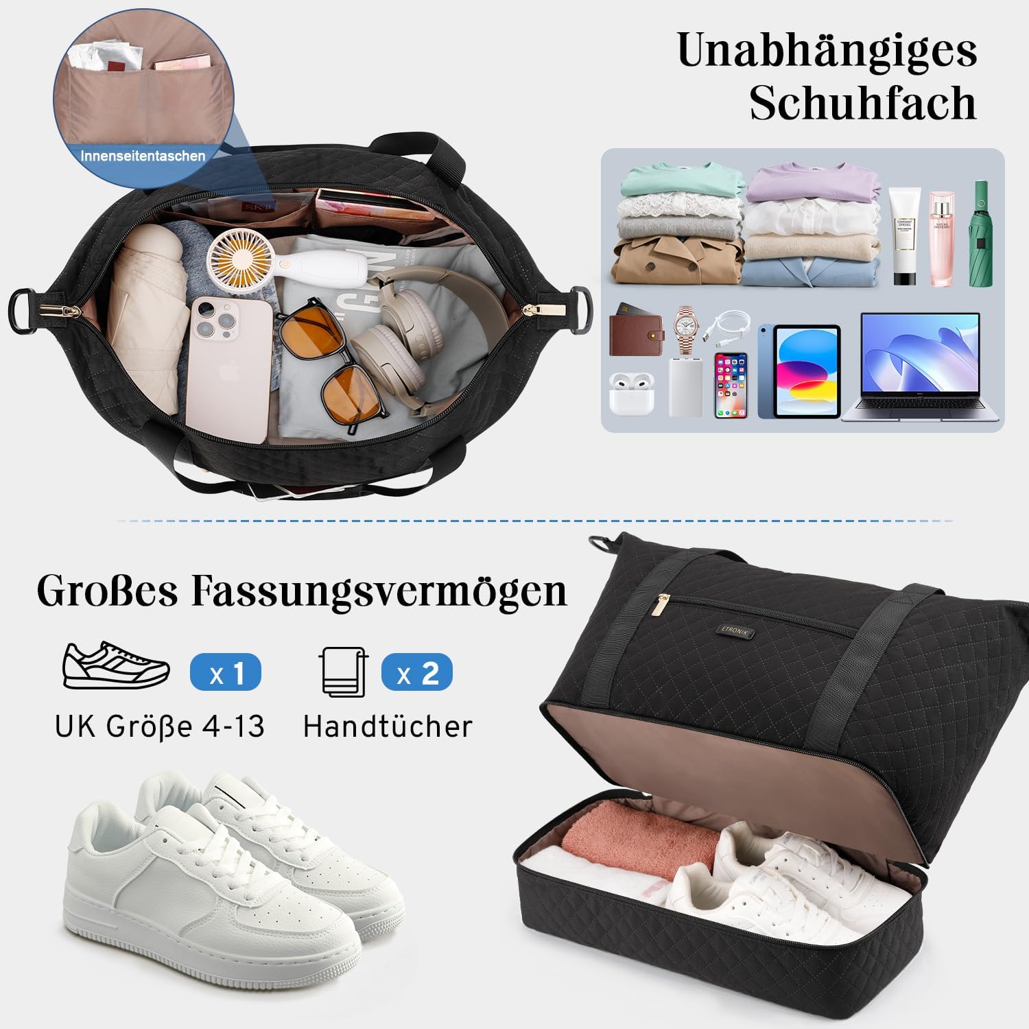 Detalle de ETRONIK Reisetasche Damen Ryanair Handgepäck 40×30×20 cm – wasserdicht, mit Schuhfach und vielseitiger Innenaufteilung
