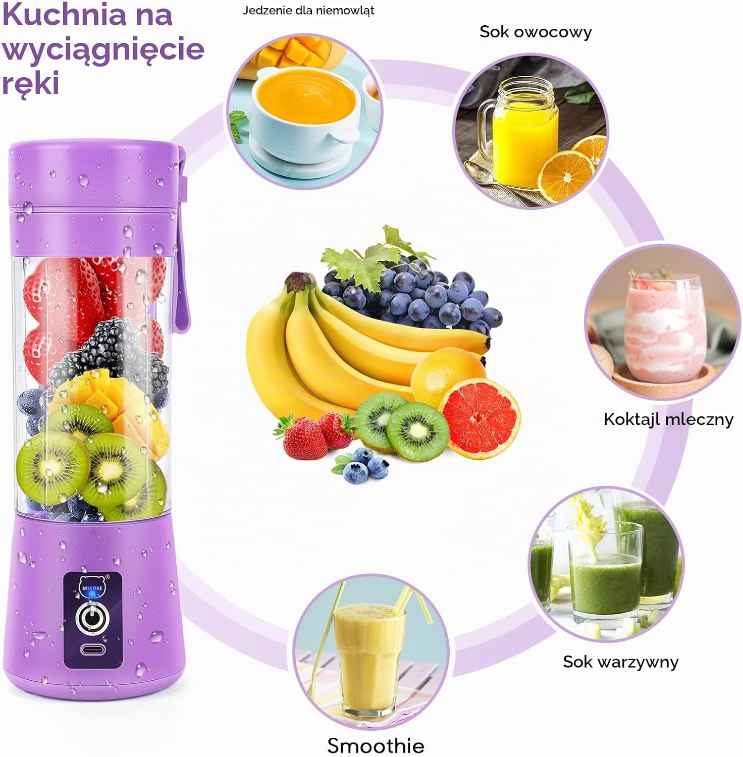 Detalle 2 de MIAOKE GZJ-5 – przenośny blender 349 ml, 6 ostrzy, ładowanie USB