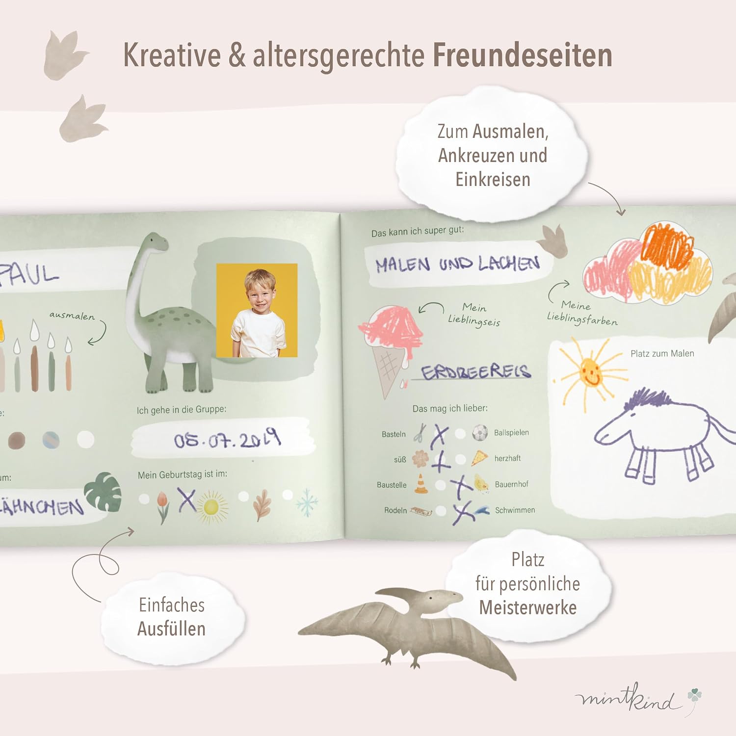 Thumbnail 4 de mintkind Freundebuch Kindergarten – Dino Aquarell, 80 Seiten zum Ausfüllen