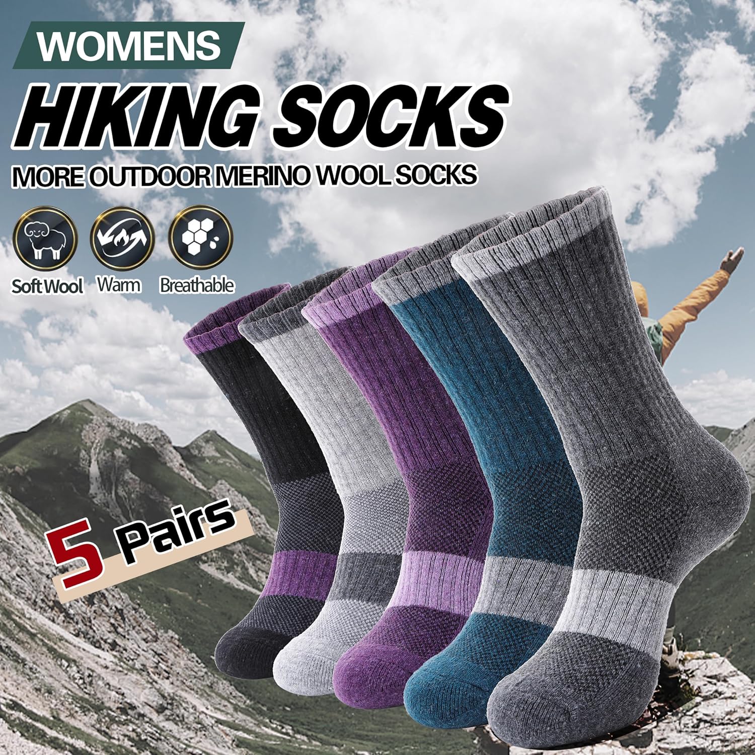 Detalle de Anlisim Merino Wool Crew Socks for Women, Hiking & Running, 5 Pairs