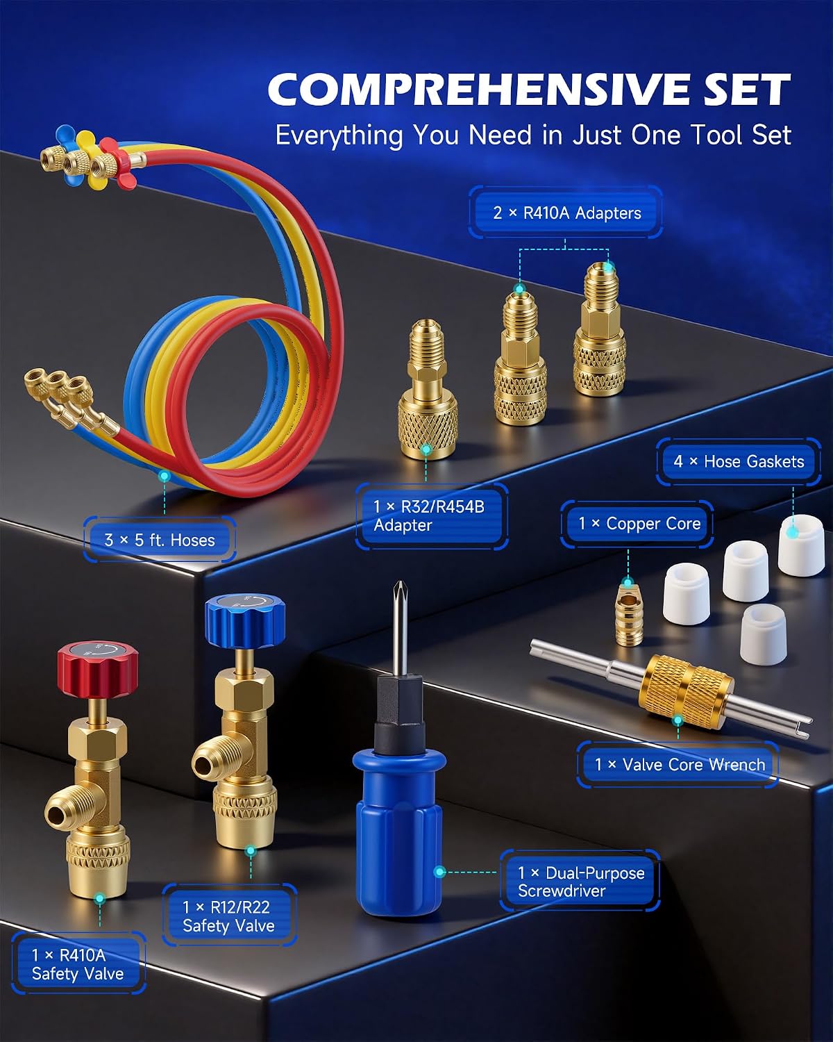 Detalle de Orion Motor Tech 3-Way AC Gauge Set with 5ft Hoses for R410A, R32, R22, and R454B