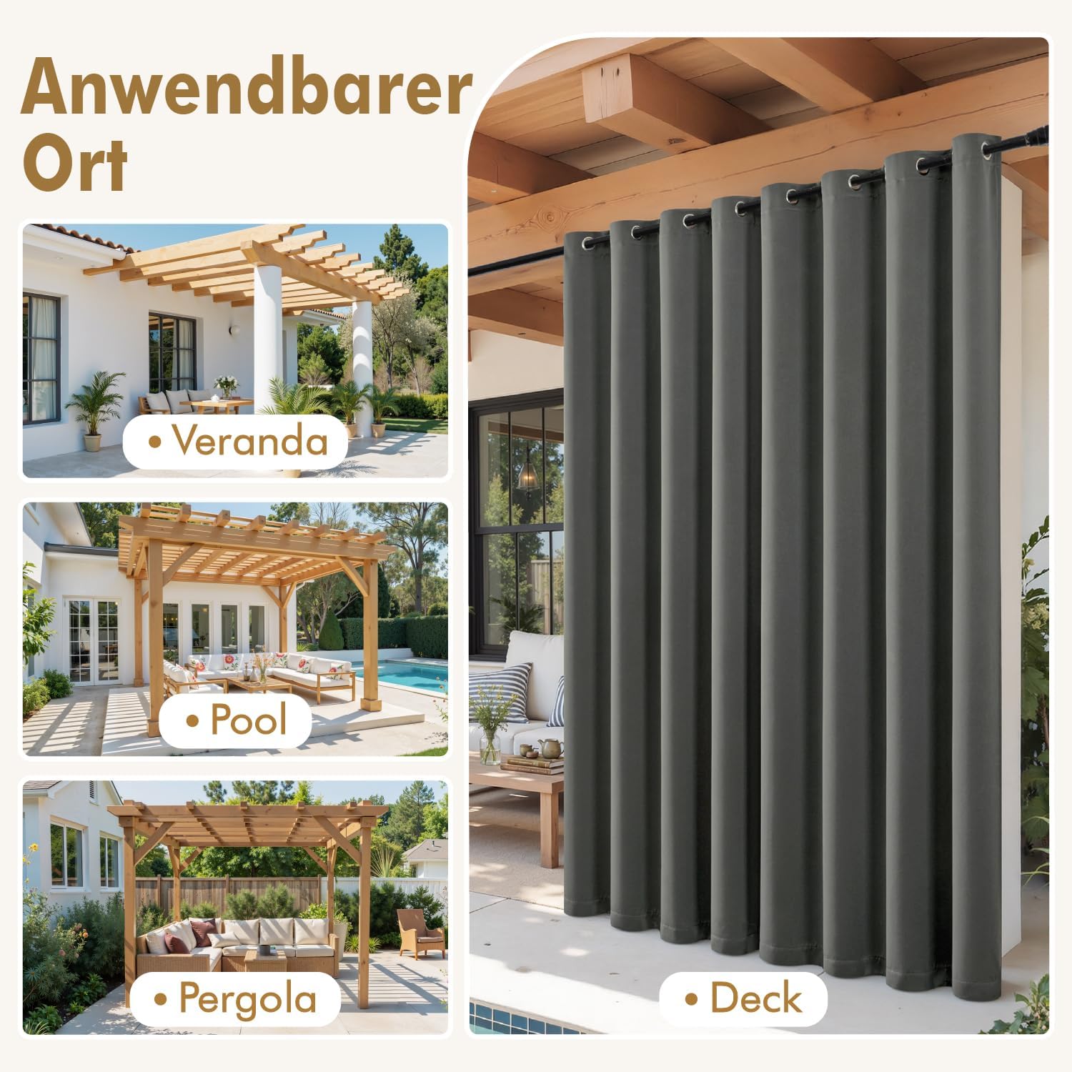 Thumbnail 4 de MIULEE Outdoor Vorhang 1 Stück – wasserdicht, blickdicht und wetterfest, 254 x 213 cm, Grau