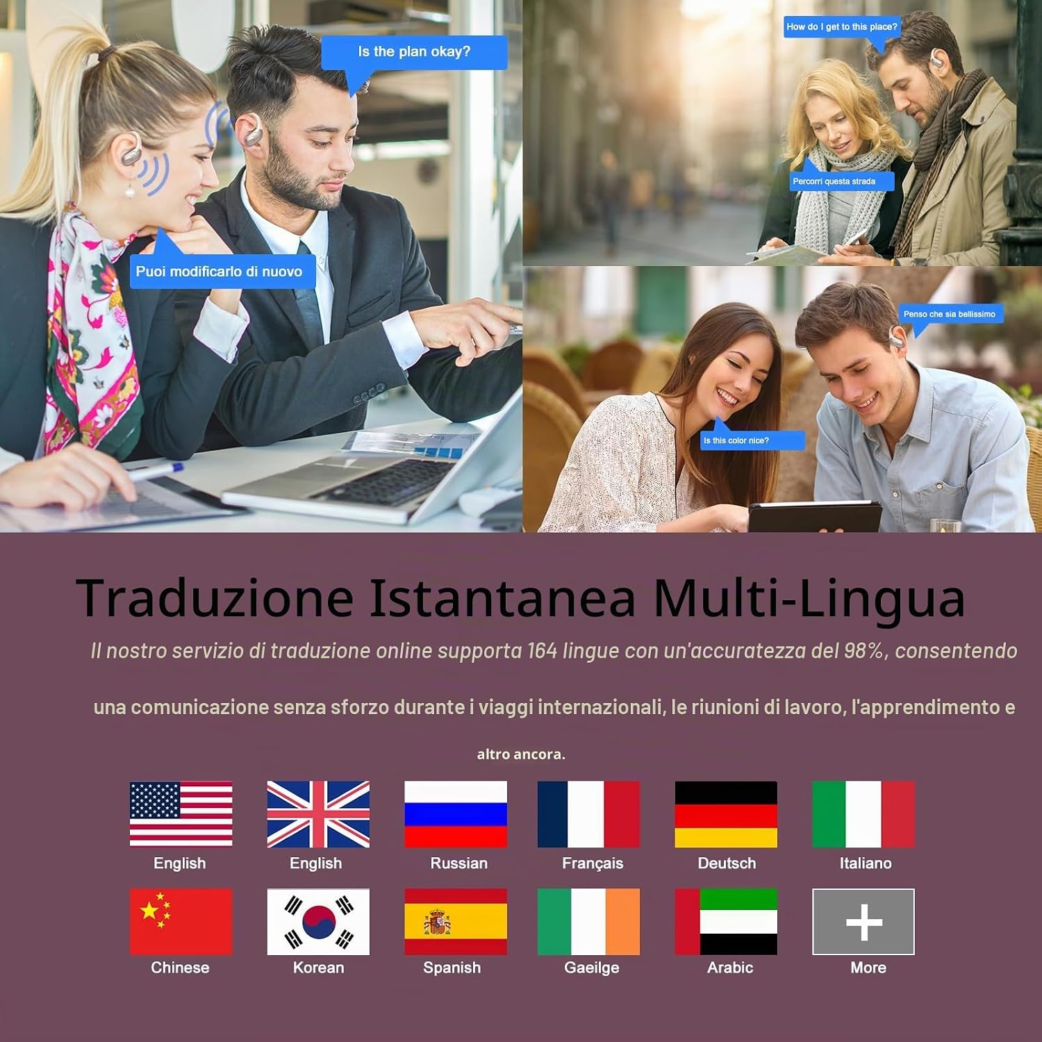 Detalle de AI Cuffie Traduzione 3 in 1 Bluetooth 5.4: auricolari traduttori con 164 lingue (rosa dorato)