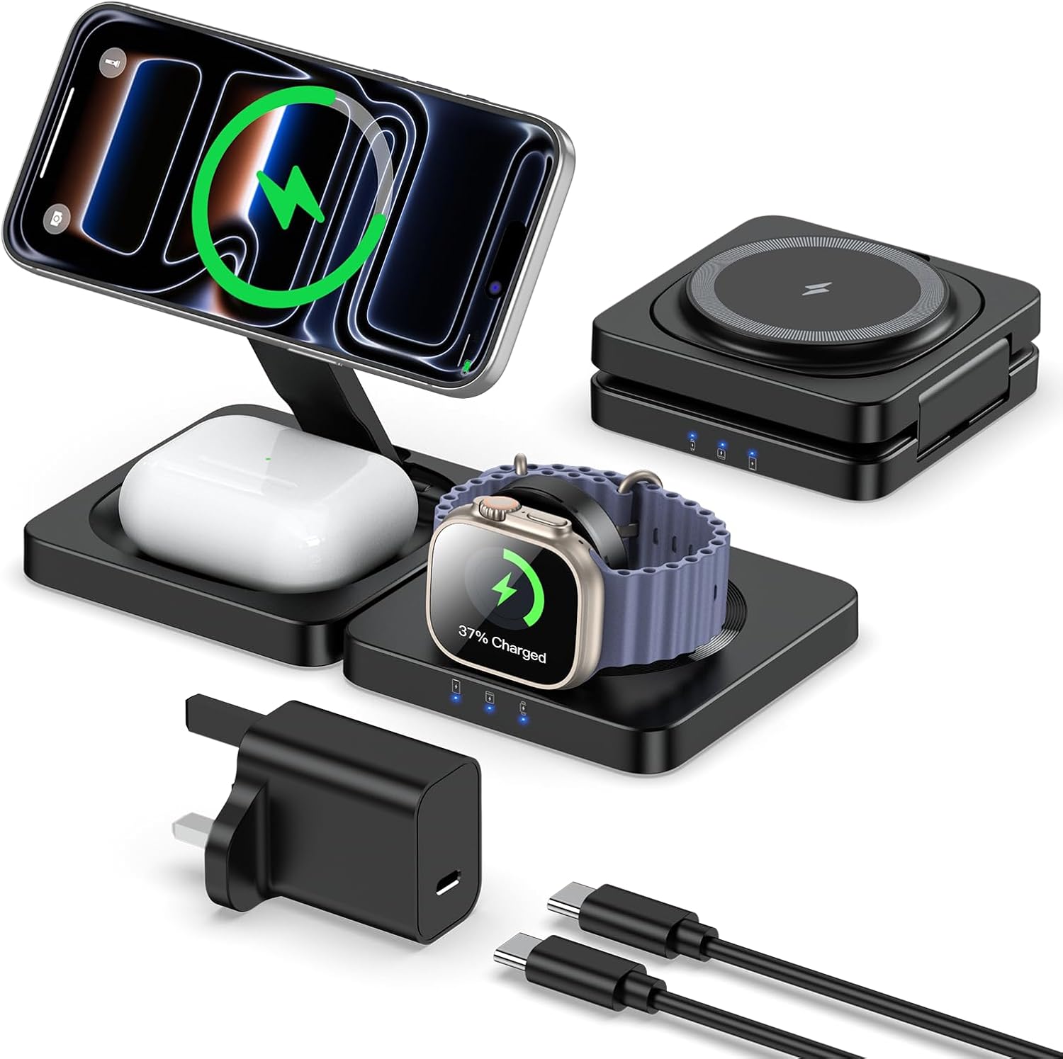 Detalle de ADADPU 3 in 1 Magnetic Wireless Charging Stand (20W Included) – Foldable Travel Dock for iPhone, Apple Watch and AirPods