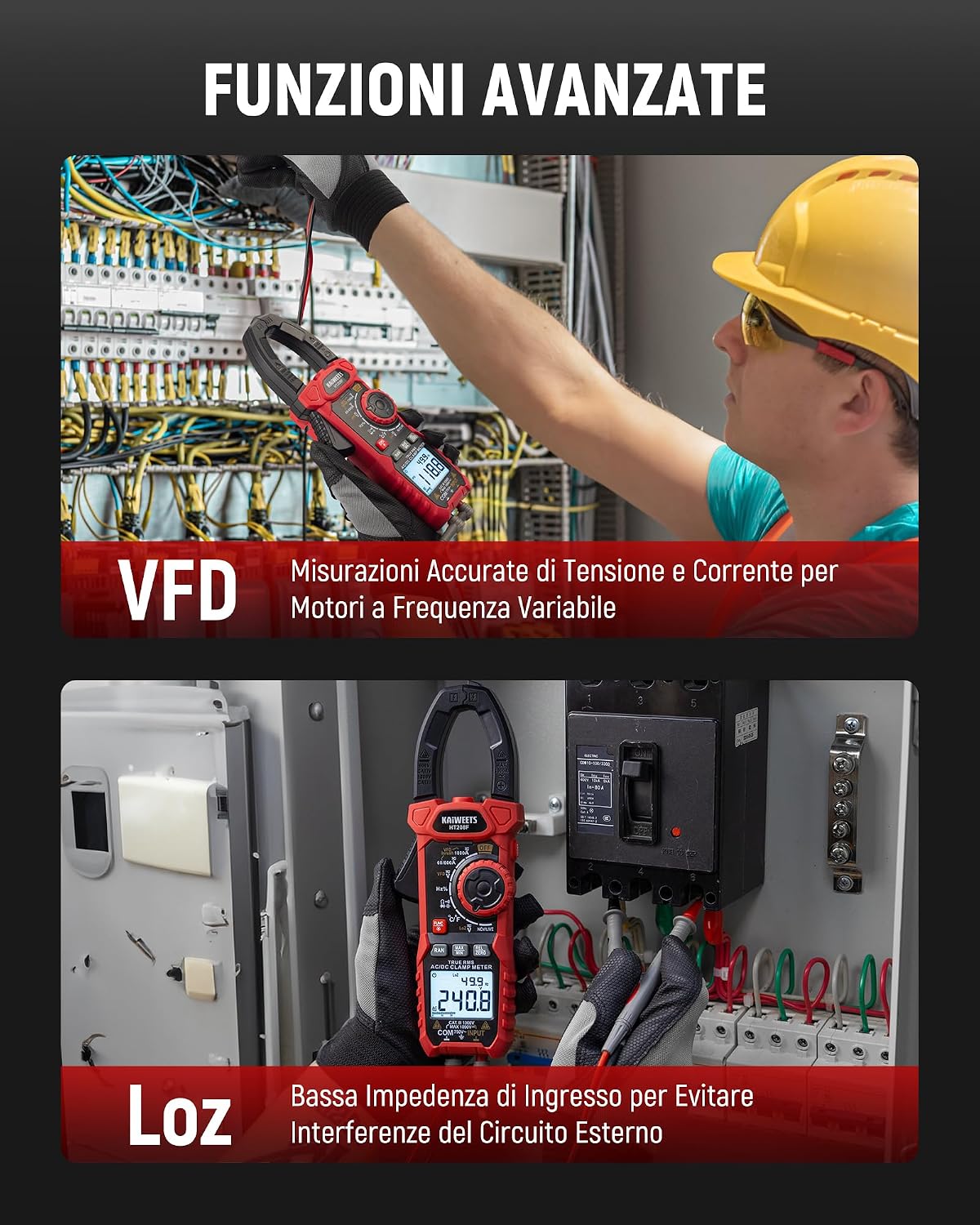 Detalle 2 de Pinza Amperometrica KAIWEETS HT208F AC/DC 1000A: ampere digitale con conteggio e funzioni avanzate