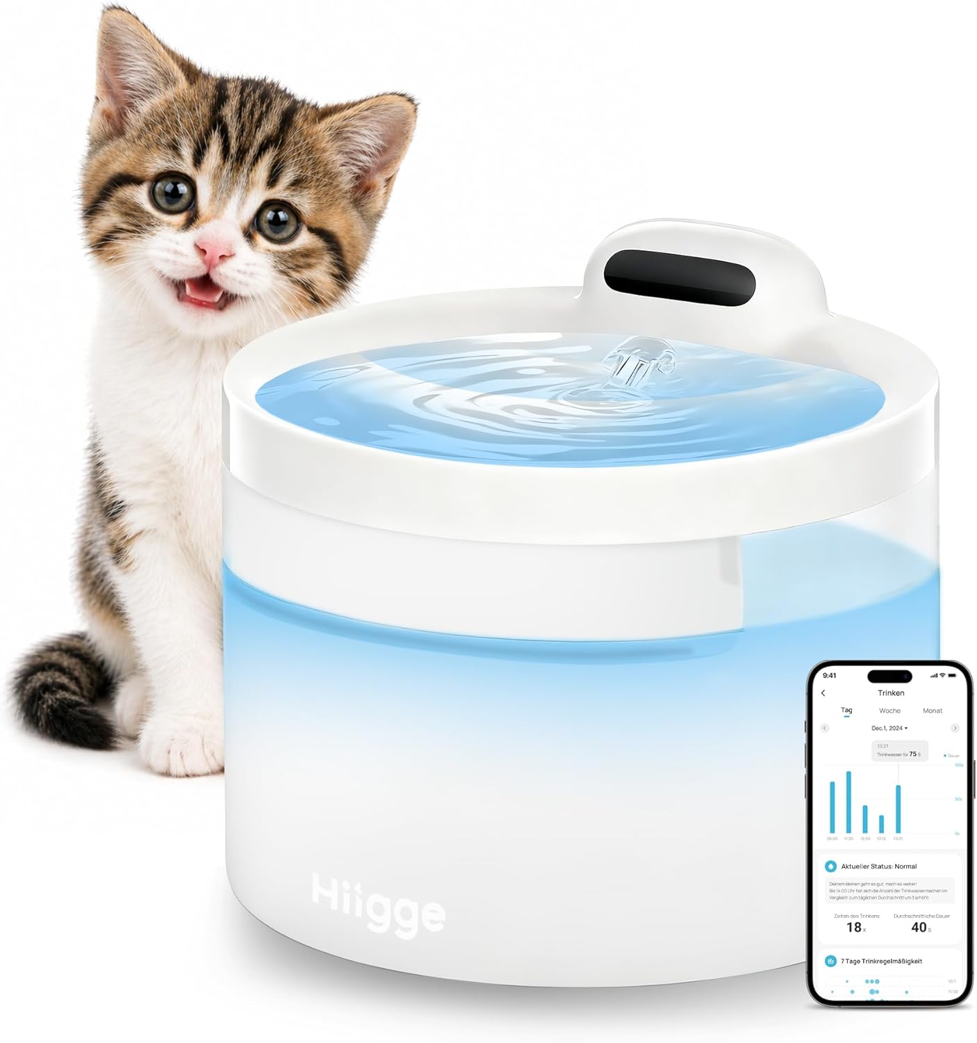 Detalle de Hiigge wireless cat water fountain with app (2.3L, 5-stage filter, motion sensor, up to 96 days) – White