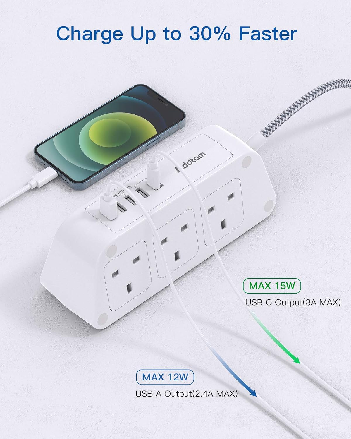 Detalle de Addtam 3M Extension Cable 3250W Surge Protector 🔌