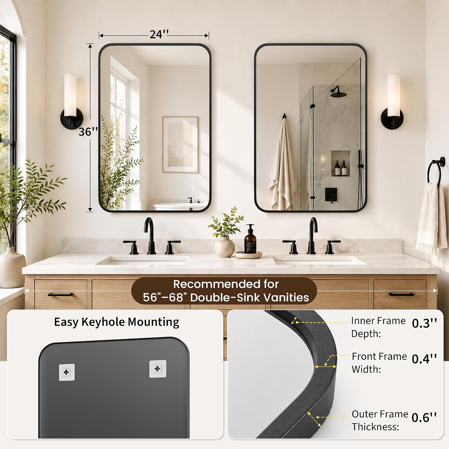 Thumbnail 4 de Pocetry 2-Pack 24x36 in Matte Black Bathroom Vanity Mirrors (HD Shatterproof Glass, Rustproof)