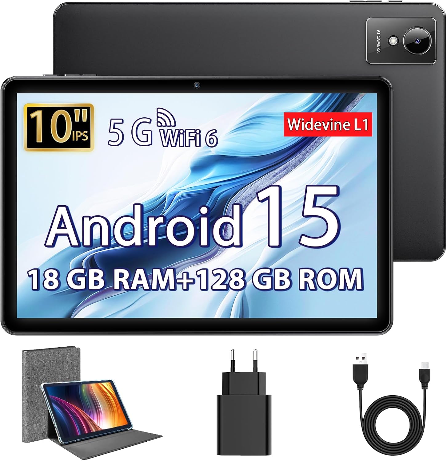 Detalle de 10-Zoll Android-15 Tablet mit Hülle – Octa-Core, 18 GB RAM, 128 GB Speicher (erweiterbar), 5G & Widevine L1