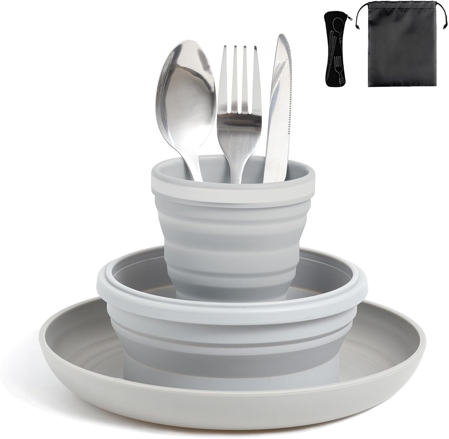 Lafuntar Camping Plate Bowl Cup Cutlery Set 4‑in‑1