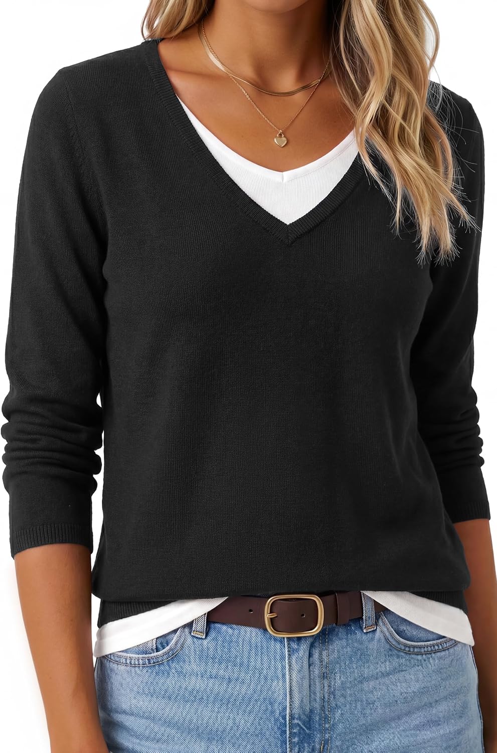 Detalle de Arach&Cloz Women's Wool Blend 2-in-1 Patchwork V-Neck Sweater, Relaxed Fit