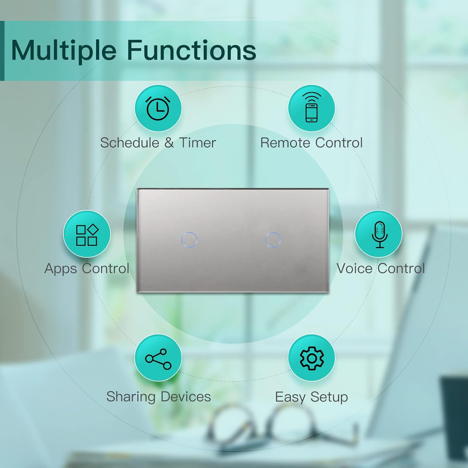 Thumbnail 3 de BSEED Doppelschalter Smart Alexa Lichtschalter aus Glas – 1-fach, neutralleiter erforderlich, WiFi, kompatibel mit Alexa/Tuya/Google Home