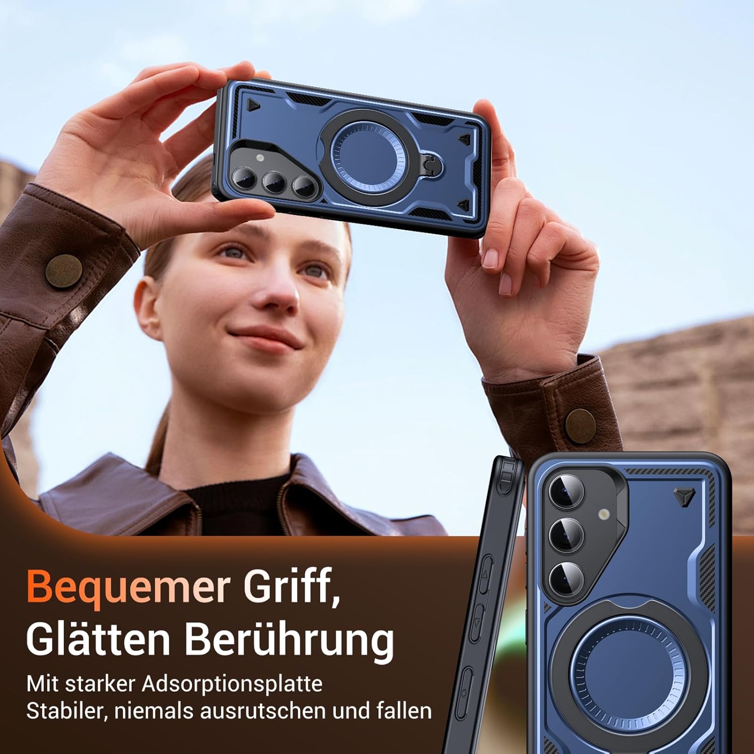 Thumbnail 5 de WYUIC Hülle für Samsung Galaxy S24 FE mit drehbarem 360°-Ringständer – stoßfest & kratzfest, blau