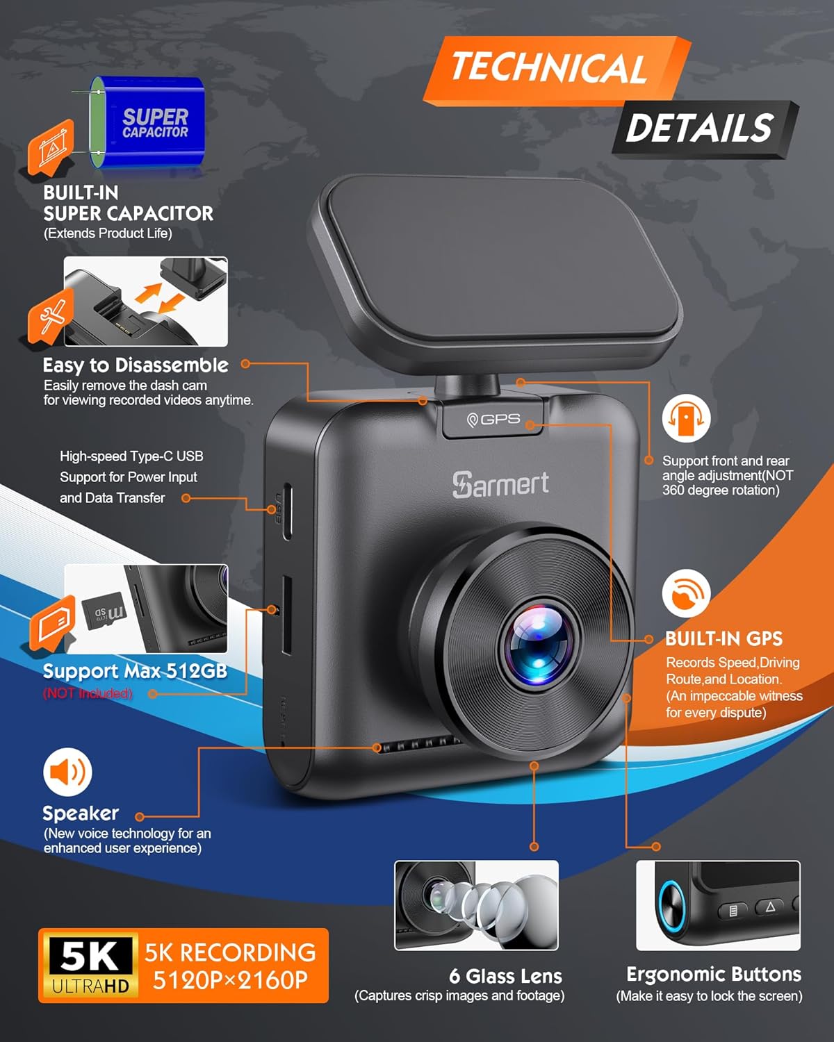 Detalle de Sarmert C1 5K Dash Cam Front — 5K HDR car camera
