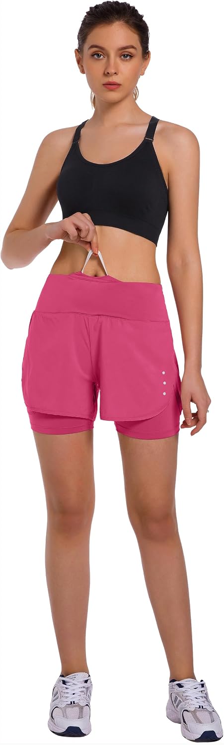 Detalle de Ksmien Women's 2-in-1 Running Shorts with Phone Pocket and Reflective Details