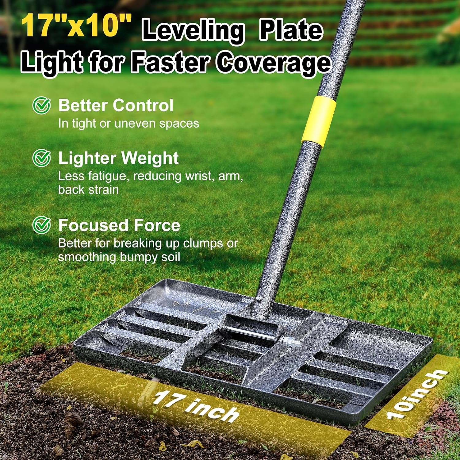 Detalle 2 de DEROFIT Caopingtui-tie Lawn Levelling Rake, 17" x 10" Stainless Steel Head