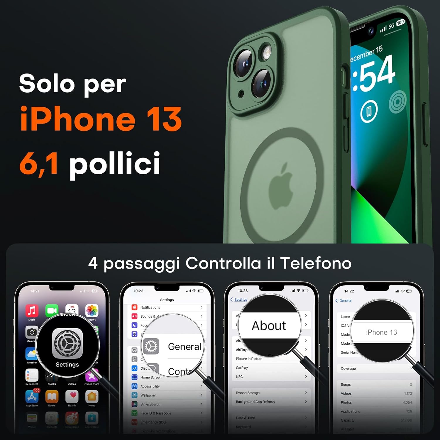 Thumbnail 1 de TOCOL Cover Magnetica per iPhone 13 da 6,1" compatibile con MagSafe, protezione fotocamera integrata (Verde Alpino)