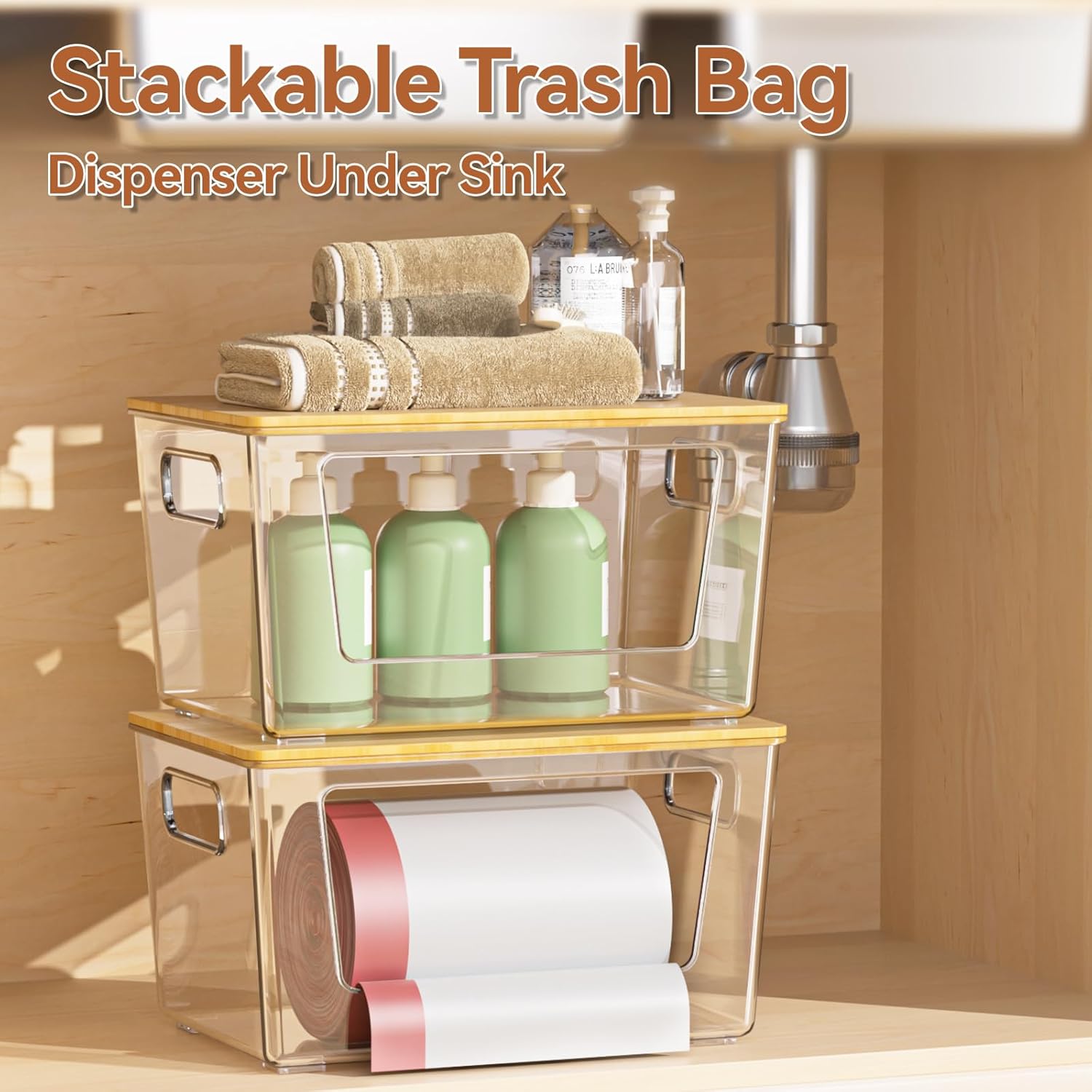 Detalle 2 de spospo 2 Pack Trash Bag Holder with Bamboo Lid (Stackable, Extra-Large Clear Dispenser)