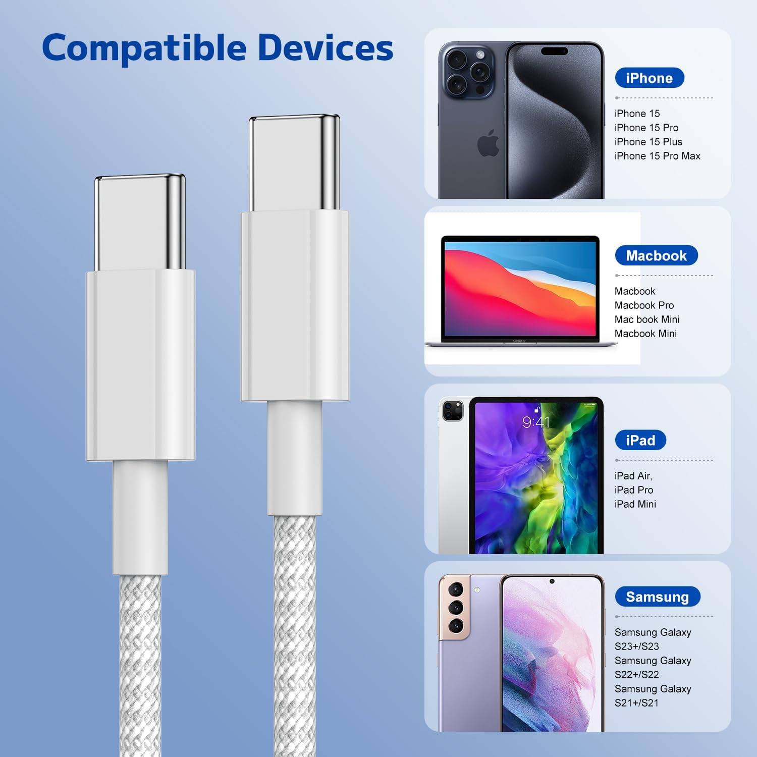 Thumbnail 6 de Long USB C to C Fast Charger Cable 10ft 60W