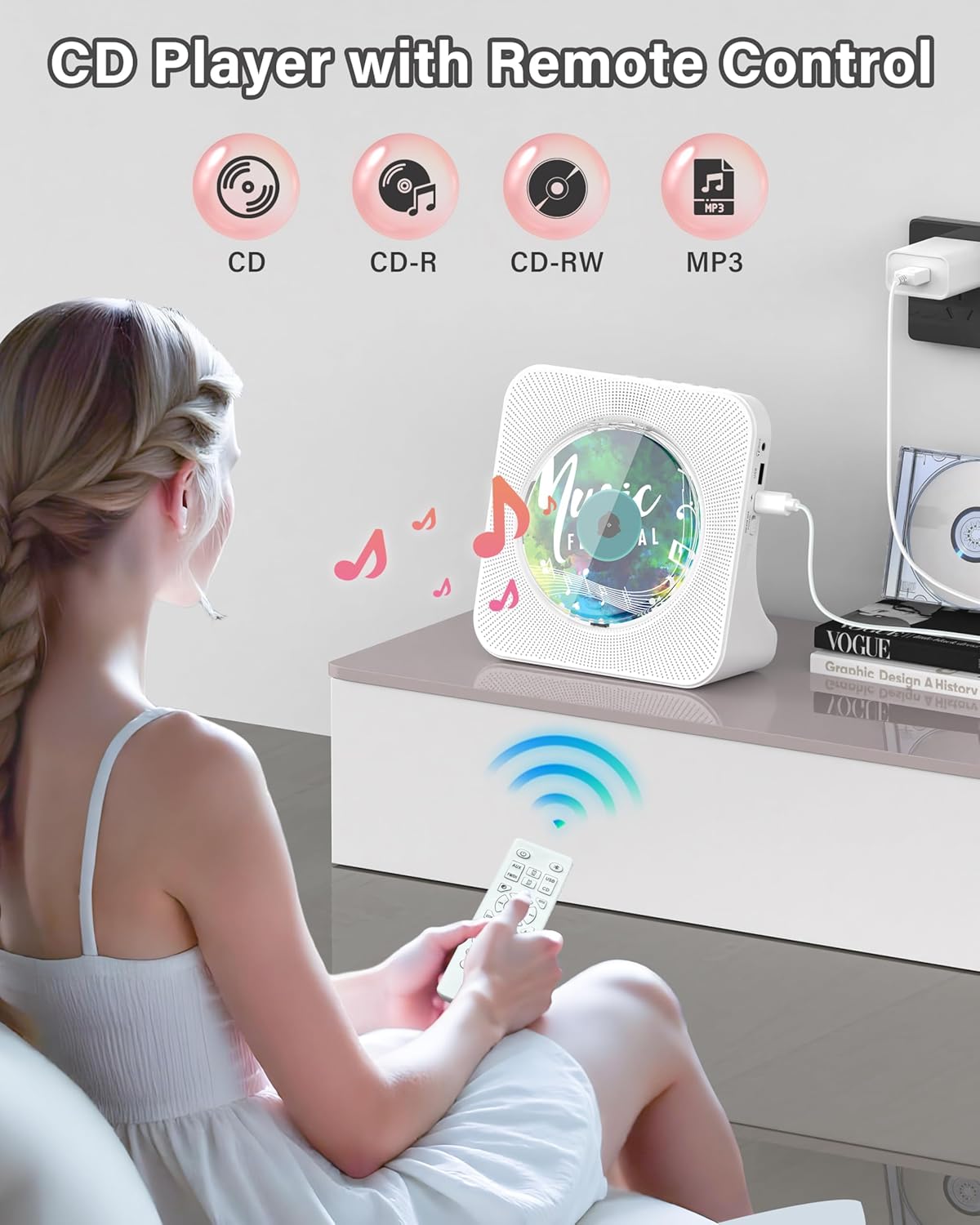 Detalle 2 de Greadio Portable CD Player with Bluetooth 5.0, LCD Display, Remote Control, FM Radio, AUX & USB
