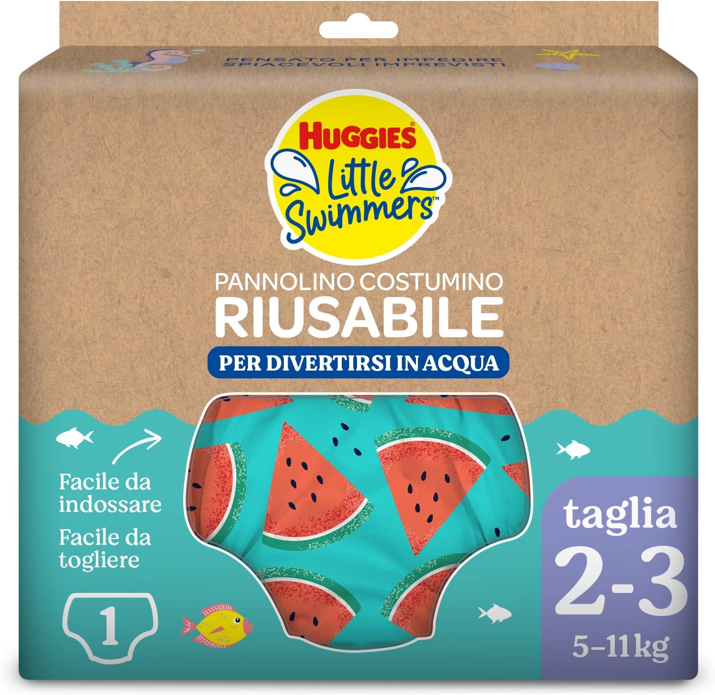 Thumbnail 6 de Huggies Little Swimmers Pannolino Costumino Taglia 3-4 (11-14 kg) – Riutilizzabile, Fantasia Tropicale