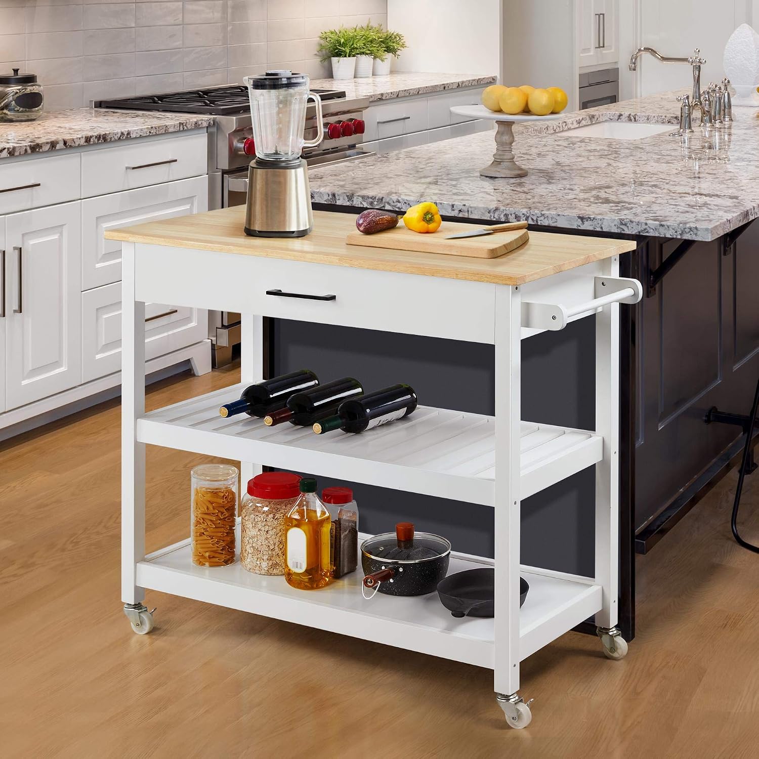 Detalle de Yaheetech YT-00099034-1 Kitchen Island Cart, White, Bamboo Top, Drawer