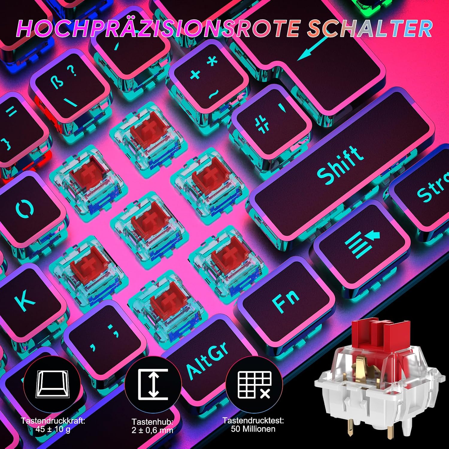 Thumbnail 4 de TECURS Mechanische Gaming Tastatur – QWERTZ mit magnetischer Handgelenkauflage, 105 Tasten, rote Schalter, 19 LED Modi