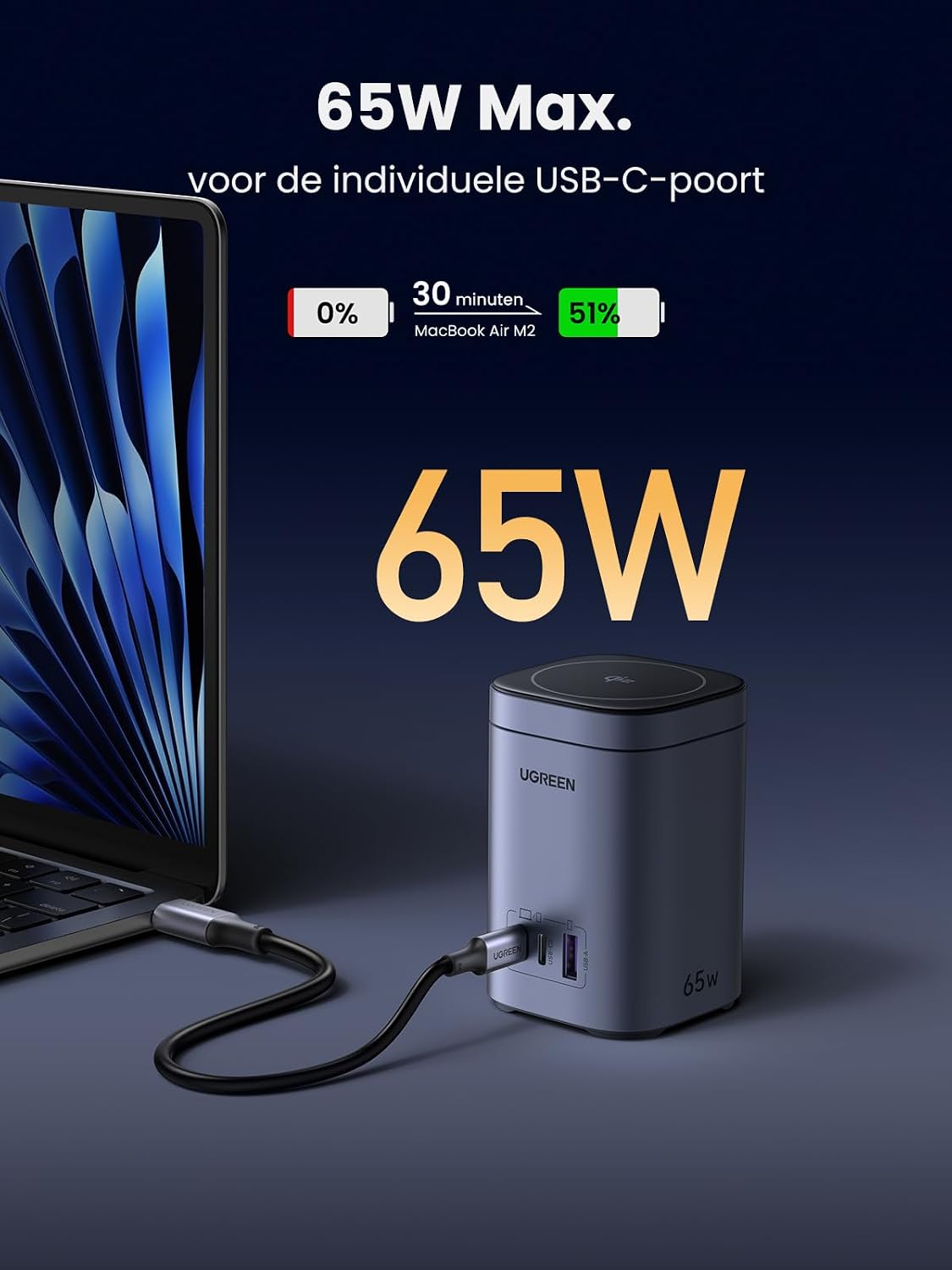 Detalle 2 de UGREEN Nexode 65W laadstation met Qi2 15W, magnetische pad en standaard
