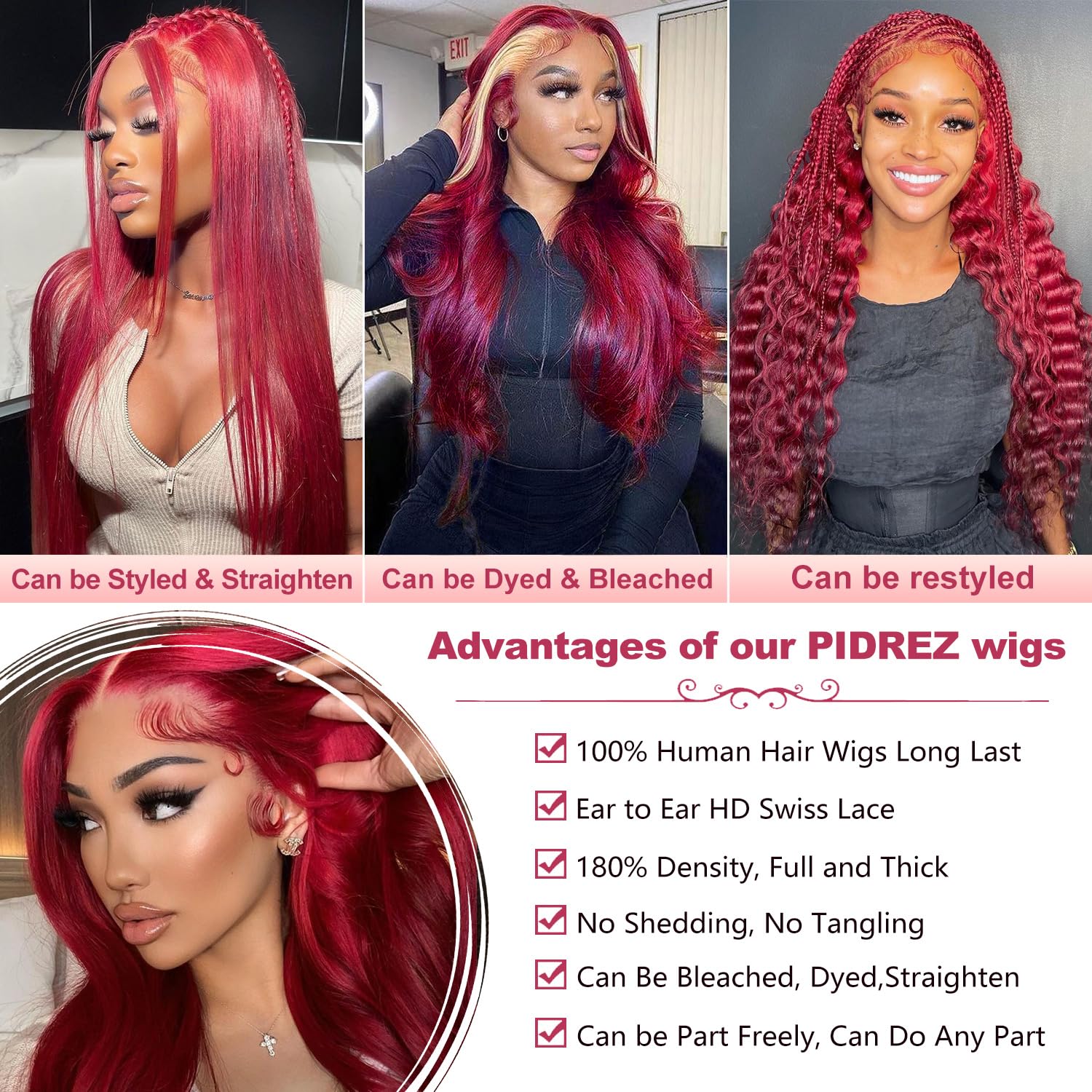Thumbnail 5 de 99j Burgundy 13x6 Lace Front Human Hair Wig (28 Inch) – Body Wave, Pre-Plucked, 180% Density