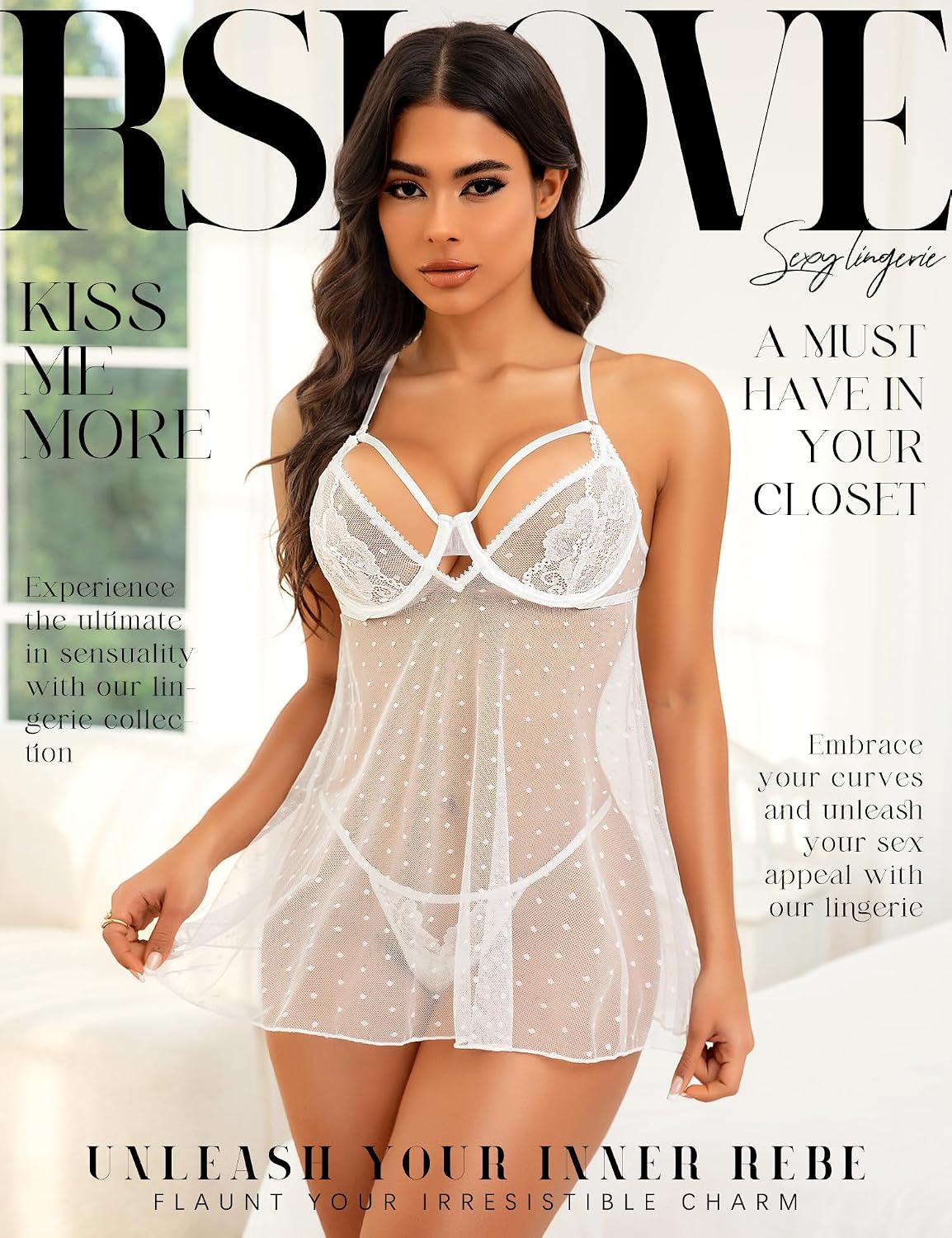 Detalle 2 de RSLOVE babydoll-nattlinne med spets, mesh, V-ringning och bygelkupor