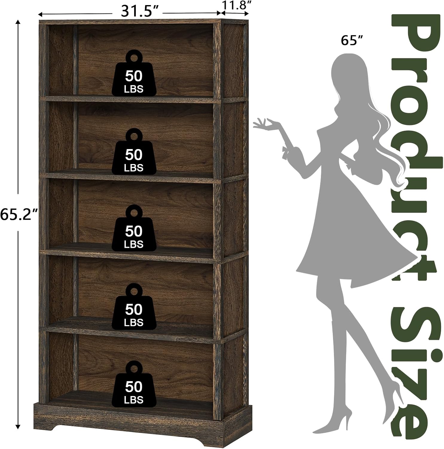 Detalle de TVU 5-Tier Solid Wood Book Shelf (Walnut) — Floor-Standing 65" Farmhouse Bookcase