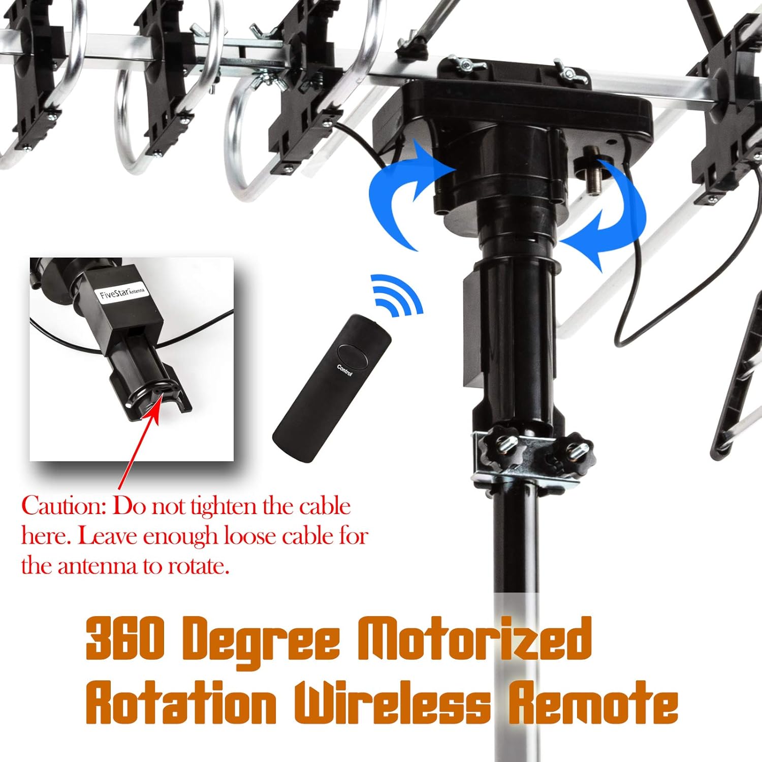 Detalle 2 de Five Star Outdoor HD TV Antenna with Motorized 360° Rotation (UHF/VHF/FM) + Remote & RG6 Kit