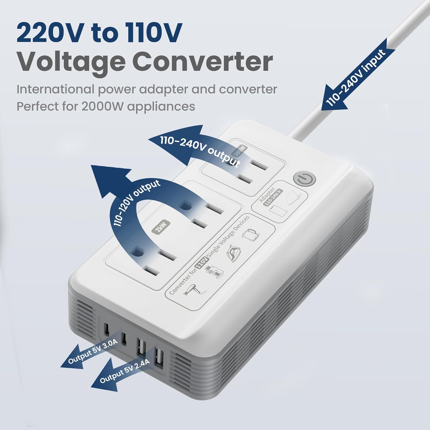 Detalle 2 de Mapambo 2000W Voltage Converter US to Europe: 7-in-1 Travel Power Hub for Hair Dryers, Kettles & More