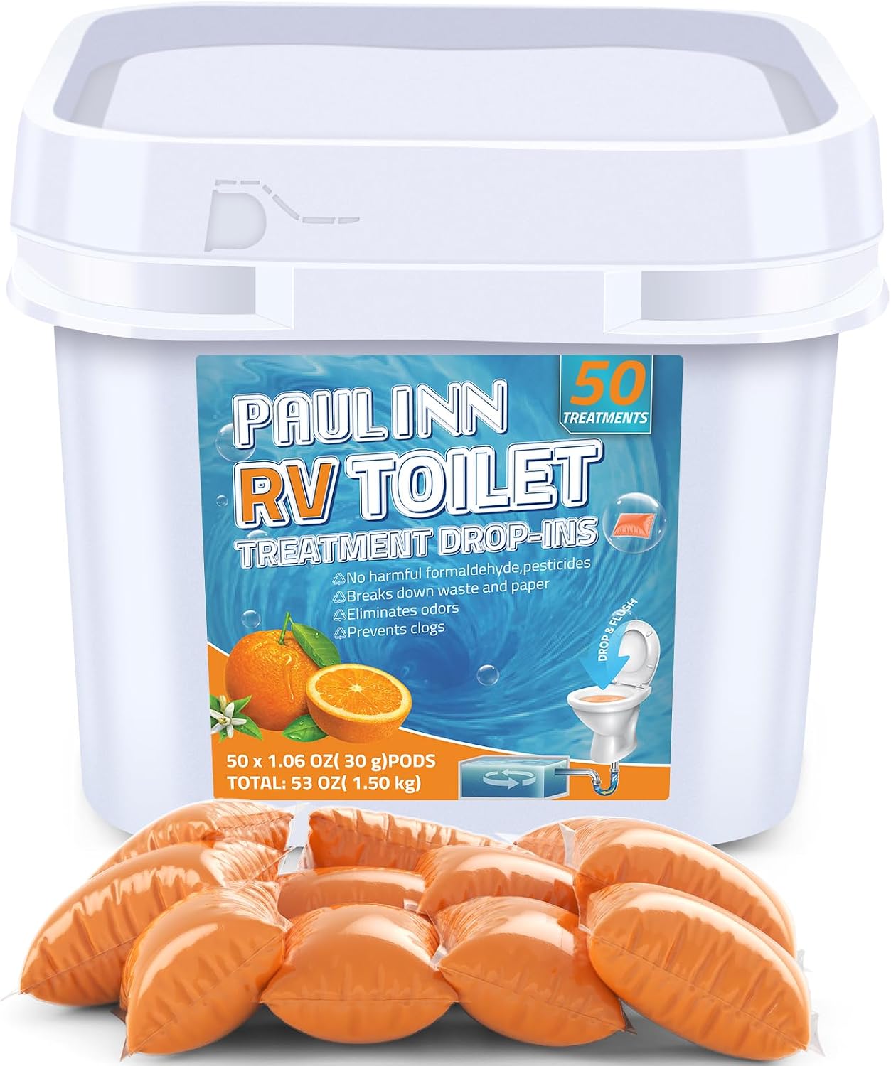 Detalle de PAULINN RV Toilet Treatment, 50-Pack Water-Soluble Pods, Orange