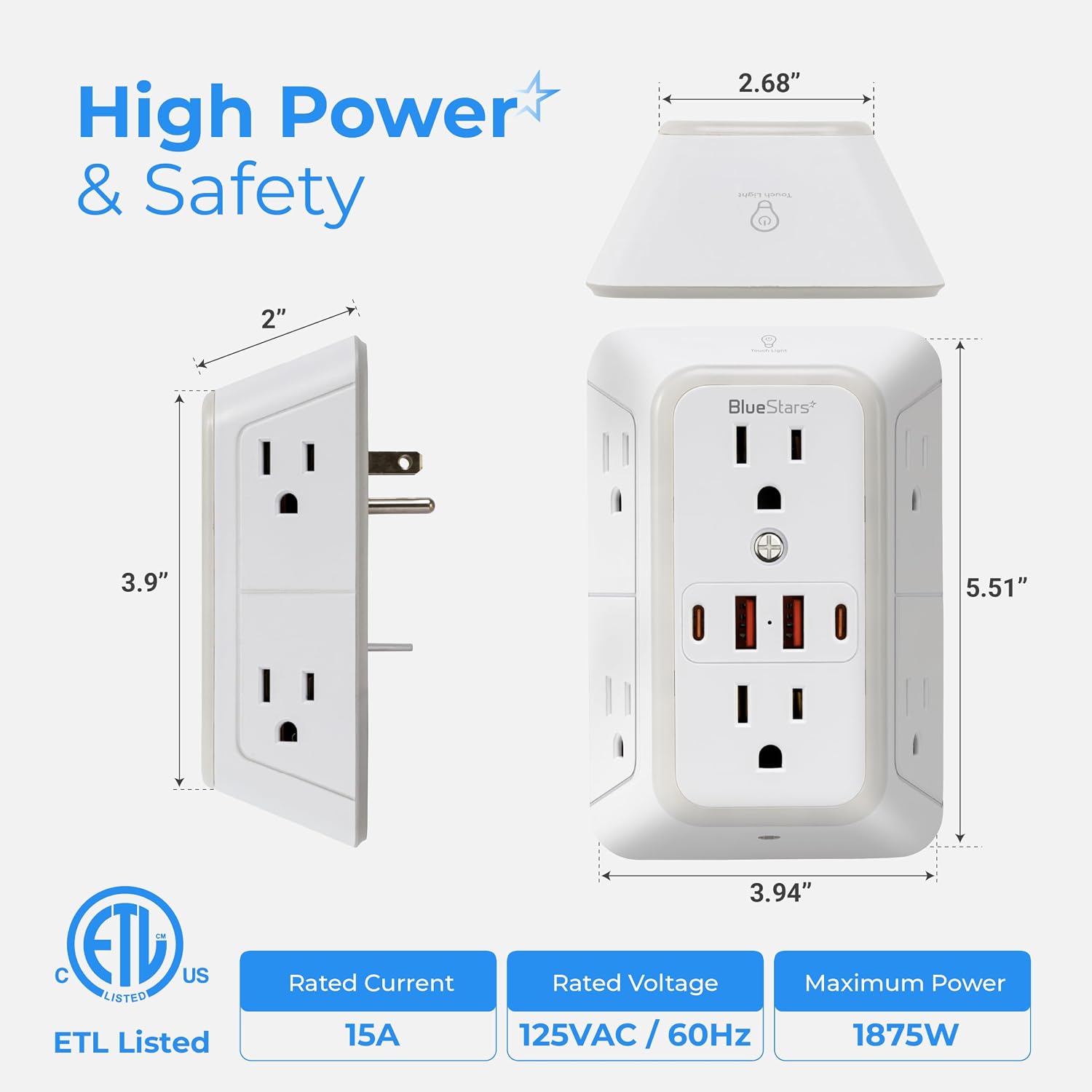 Detalle de BlueStars Wall-Mount Power Strip with 6 Outlets, 4 USB Ports and Night Light