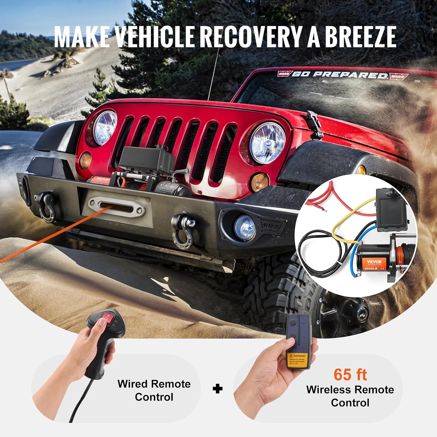 Detalle de VEVOR Electric Winch 6000 lb: 12V DC, Synthetic Rope, Wireless & Wired Remote