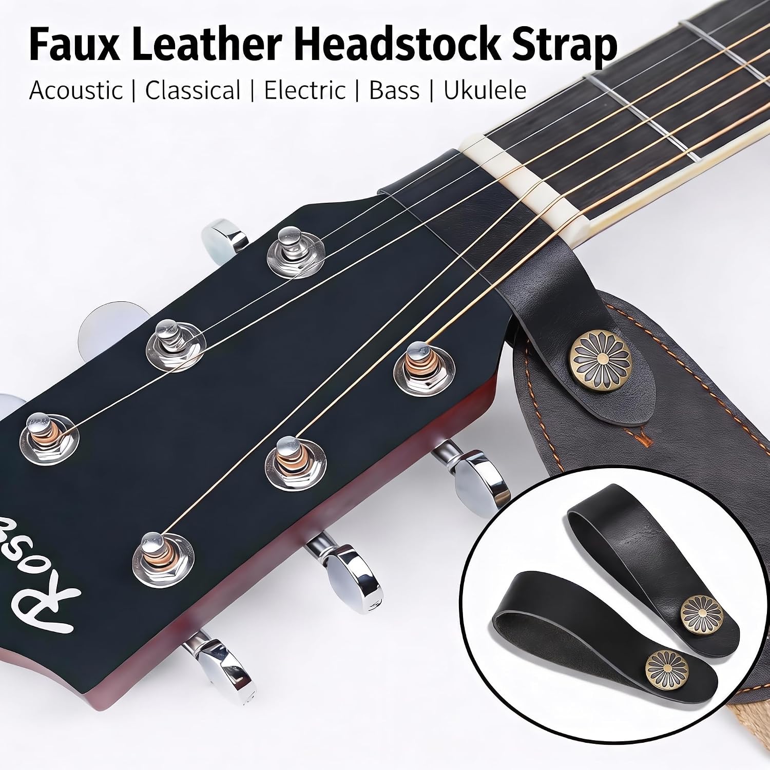 Detalle de BLOBY Faux Leather Guitar Headstock Strap Adapter, 2cm x 20cm, Black