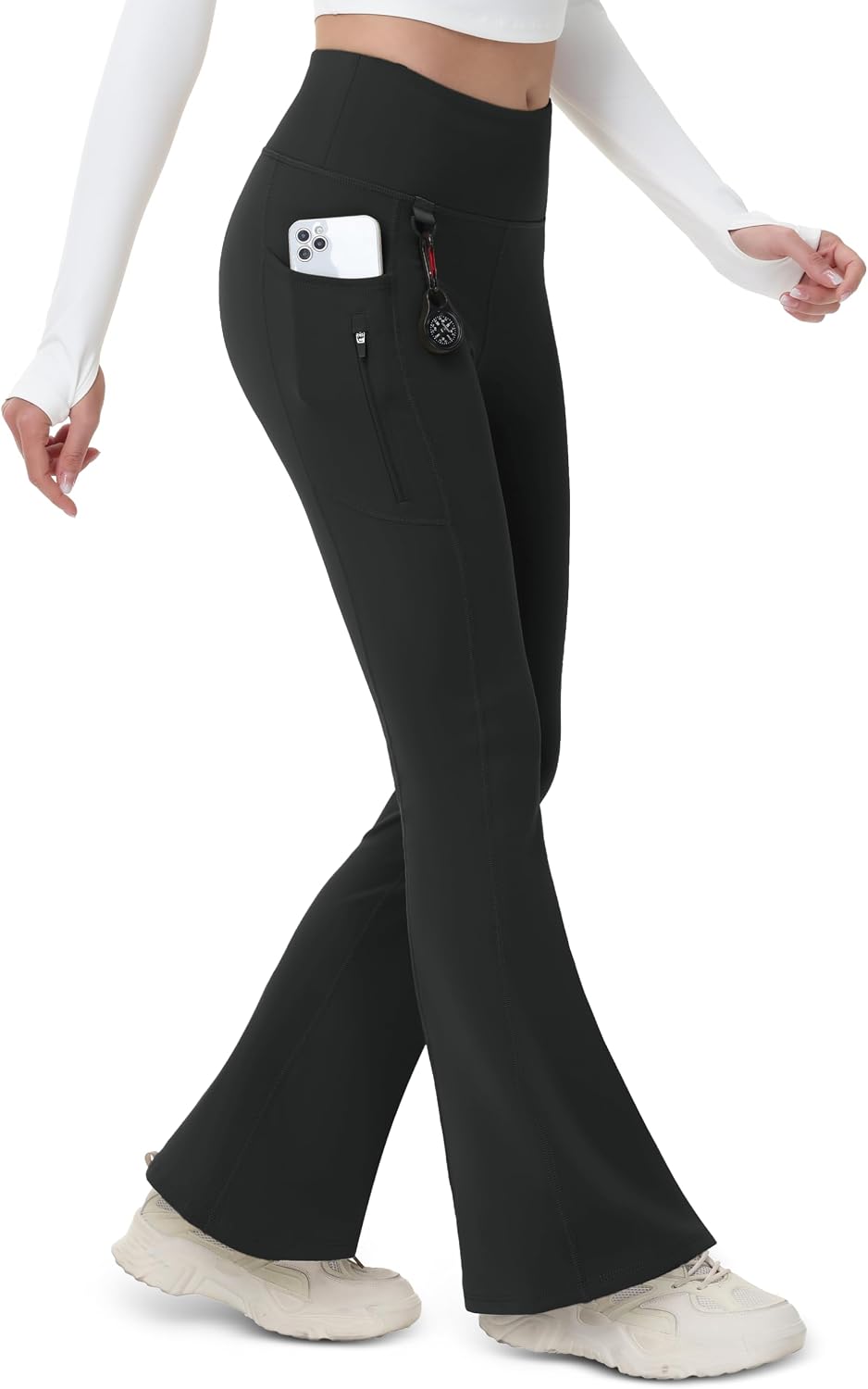 Detalle de MAGCOMSEN Women's Fleece-Lined Flare Leggings, Water-Resistant, 3 Pockets