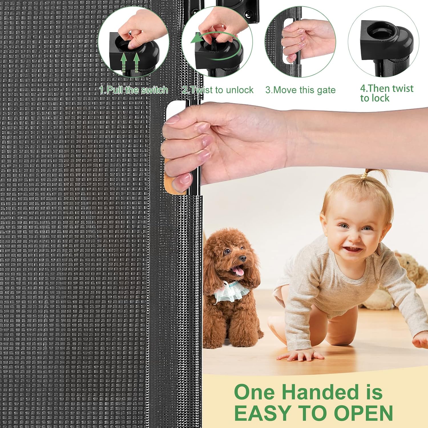 Detalle 2 de MYPIN Extra Wide Retractable Dog Gate 180×86 cm
