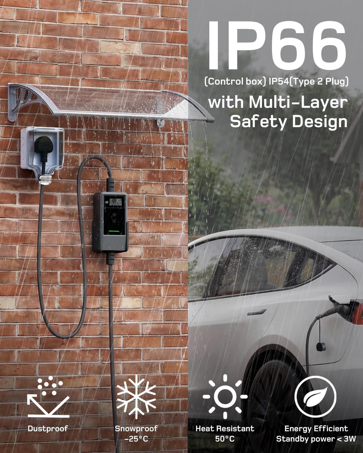 Detalle de Dé EV Charger 3 Pin Plug 10m with App – 3kW Portable Type 2 EV Charger for UK Homes