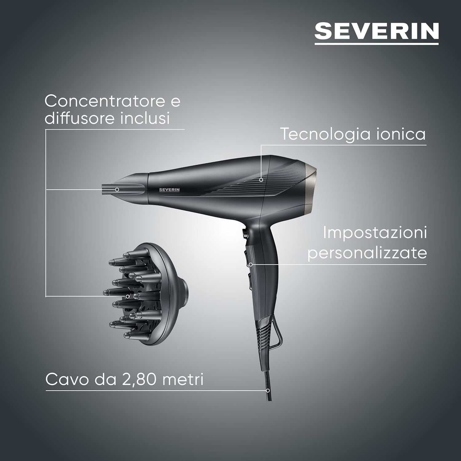 Thumbnail 6 de SEVERIN HT 0167 Asciugacapelli con Motore AC, 2300 W, Ionico, 3 Impostazioni + Freddo, Diffusore e Concentratore