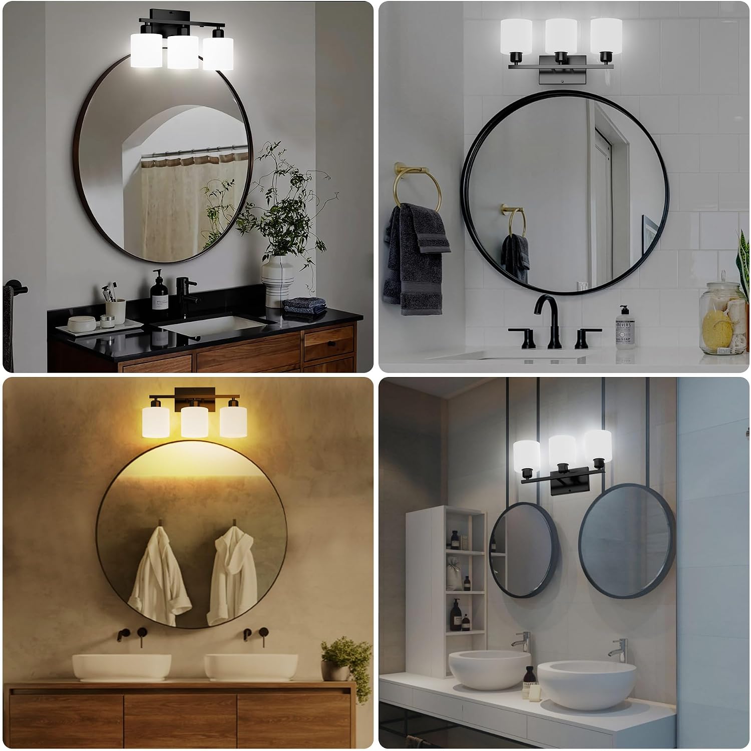 Detalle de Dekang 3-Light Black Bathroom Vanity Light with Milky White Glass Shades