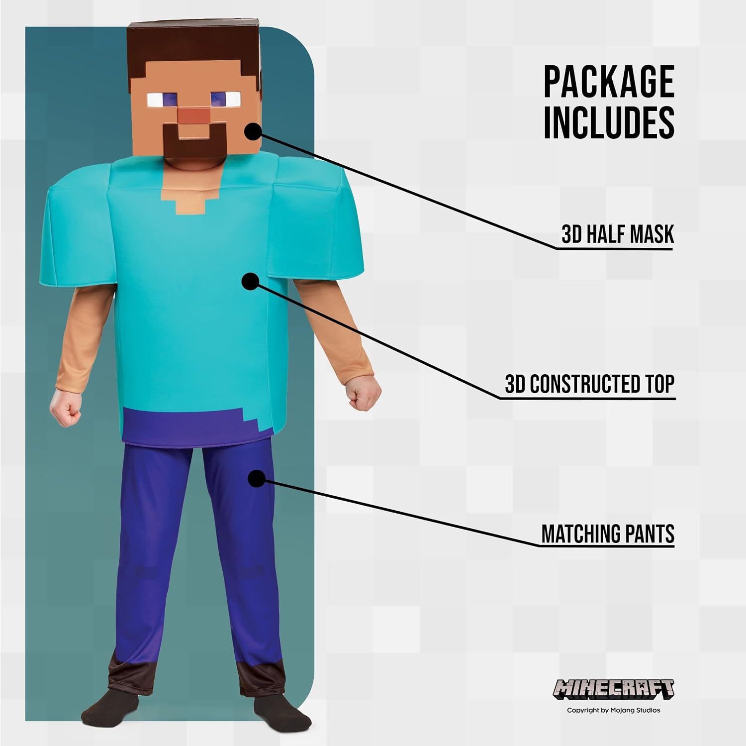 Detalle de Disguise Minecraft Steve Deluxe Costume for Kids, Size 10–12, Tunic, Pants & Mask