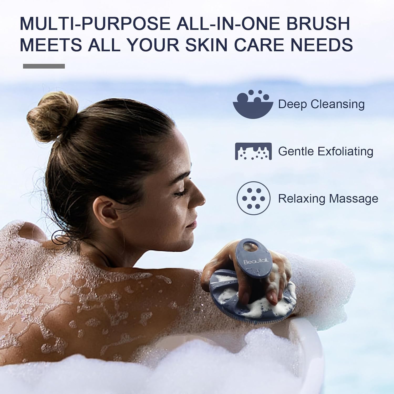 Detalle de BeautyTAIL Brosse pour le corps en silicone — douche et bain, poils doux, idéale peau sensible, 1 pièce