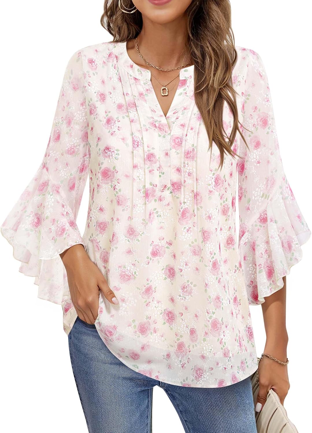 Detalle de Timeson Women’s 3/4 Sleeve Dressy Casual Top with Pleated Henley V-Neck