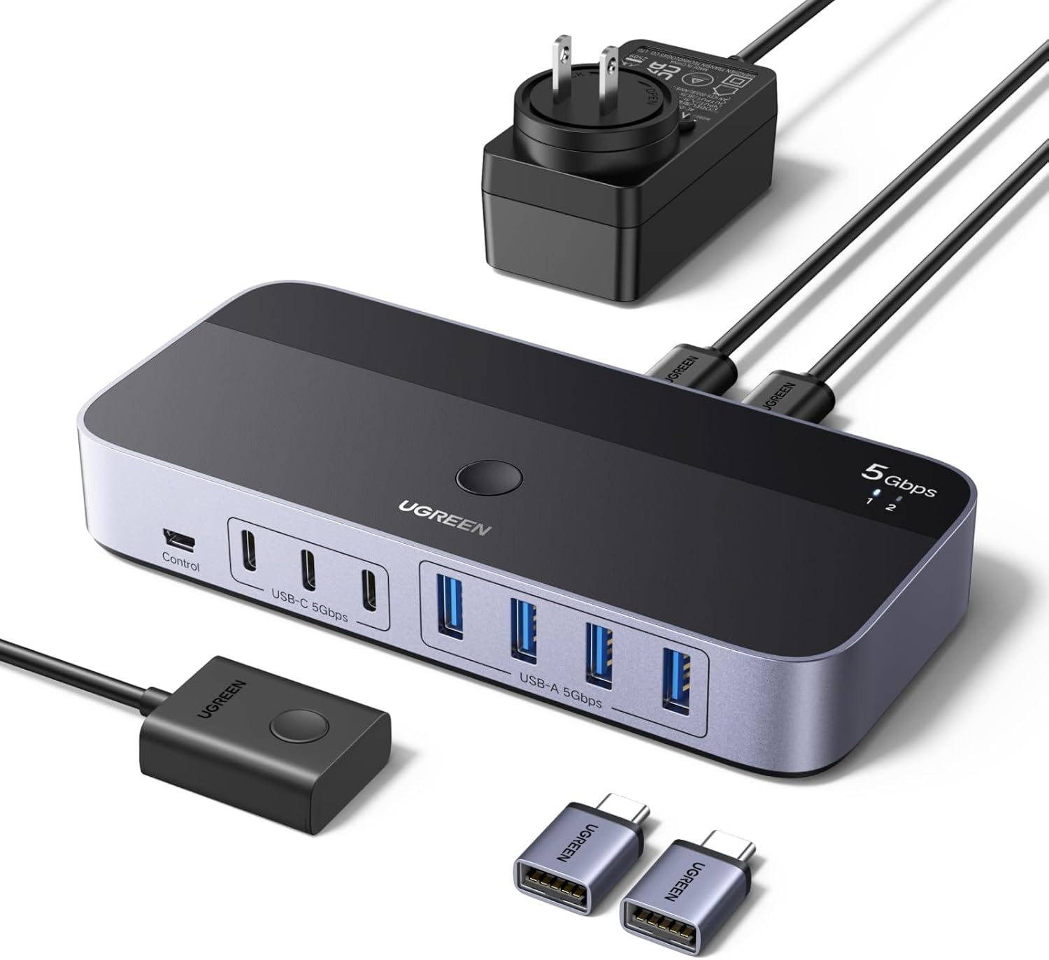 Detalle de UGREEN Switch USB 5Gbps KVM per 2 PC con 7 porte e alimentatore DC 12V/2A (commutatore USB)